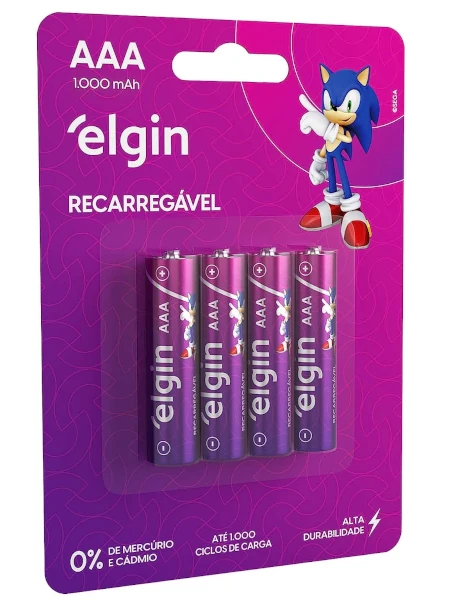 Pilha recarregável AAA 1000mAh Elgin com 4 unidades Palito