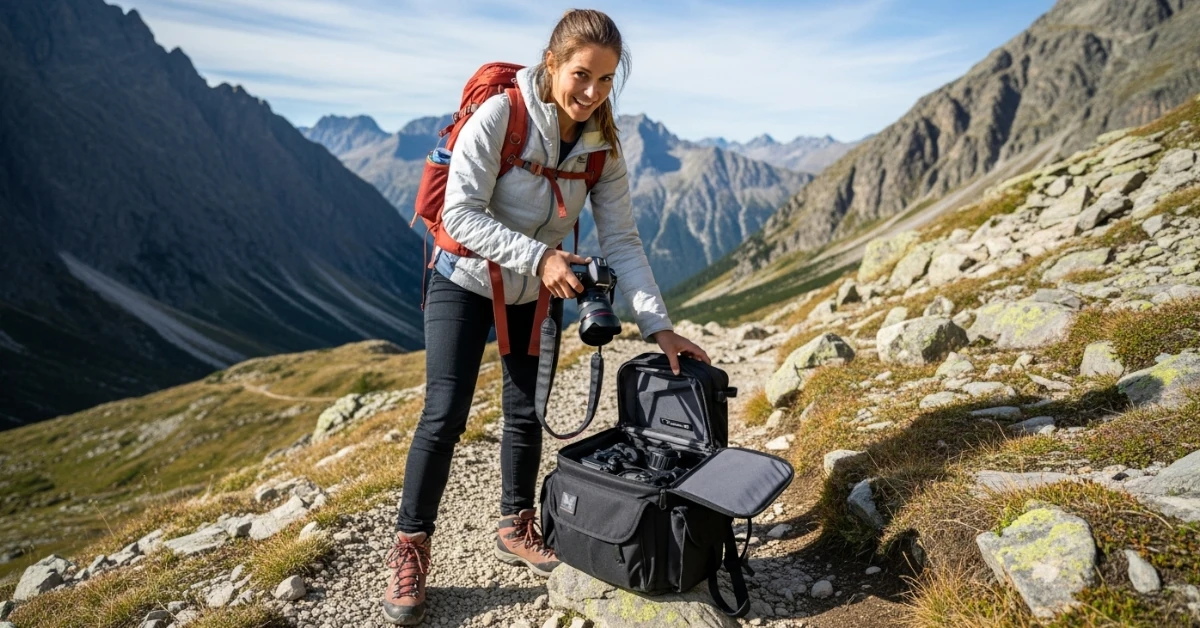 fotógrafa de aventura em ambiente montanhoso abrindo uma bolsa profissional para equipamento fotográfico