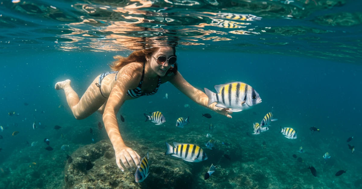 mulher nadando com os peixes em fotografia subaquatica
