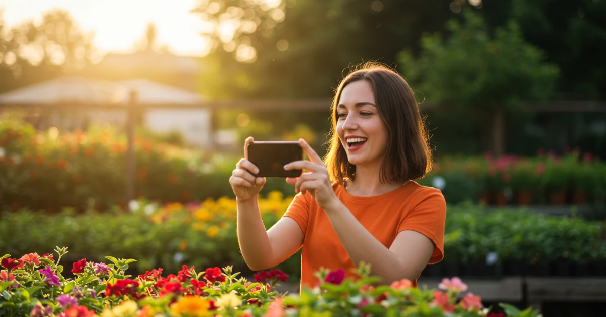 mulher feliz tirando fotos com smartphone em um campo florido