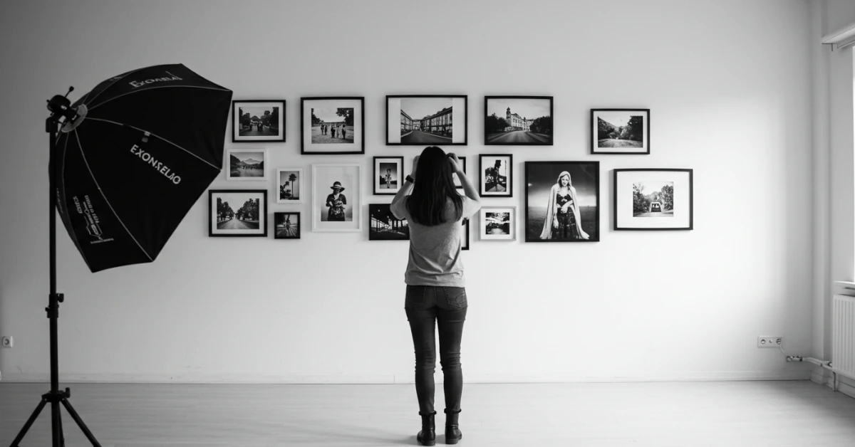 mulher fotografando sala em preto e branco