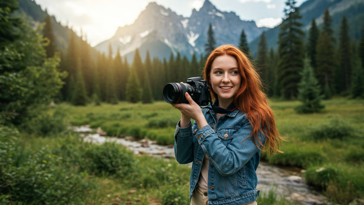 mulher fotografando a natureza com uma câmera DSLR ty