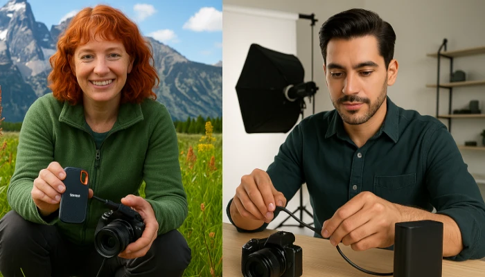 Carol se aventurando com fotografias na natureza com HD ultra portátil. Pedro e seu mega HD de 12TB