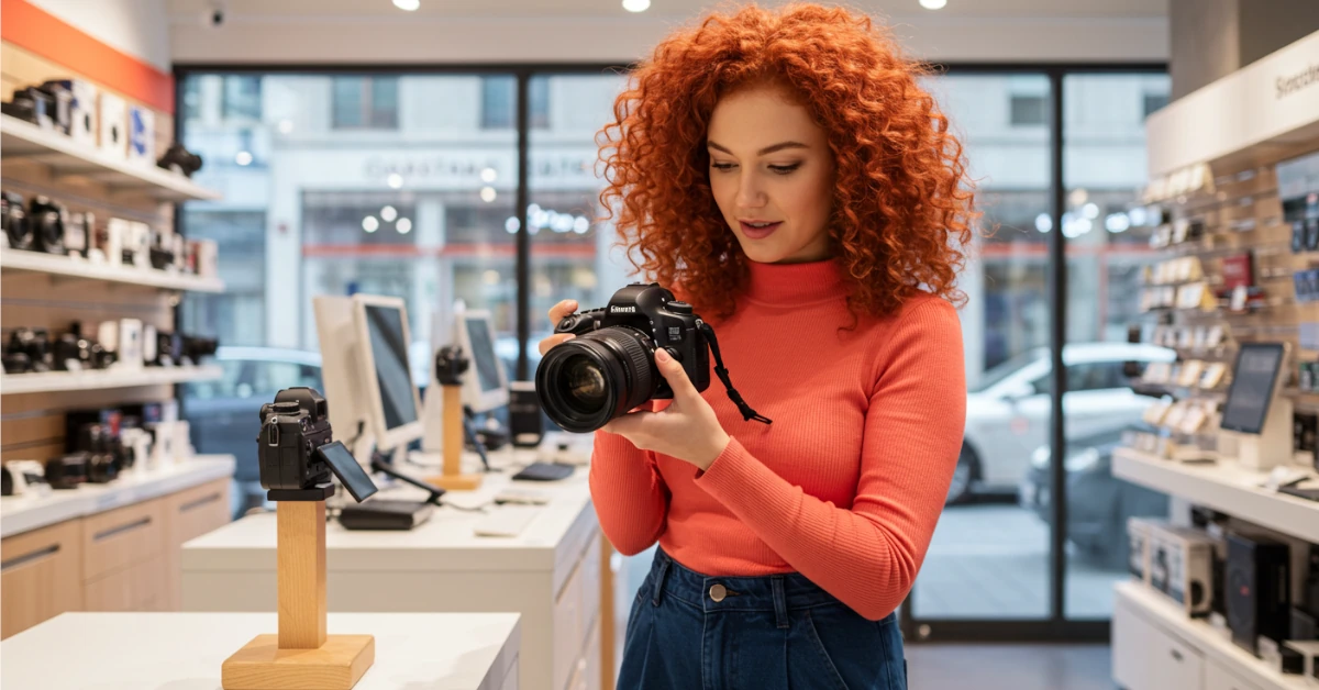fotógrafa escolhendo uma nova câmera DSLR