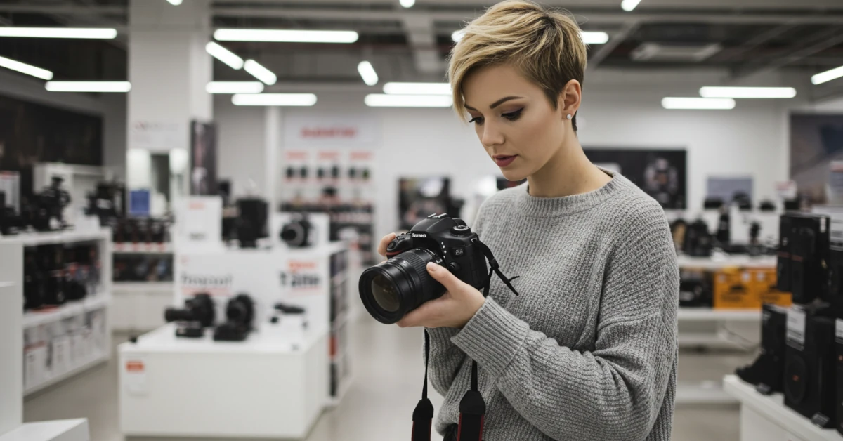 jovem fotógrafa segurando uma câmera DSLR
