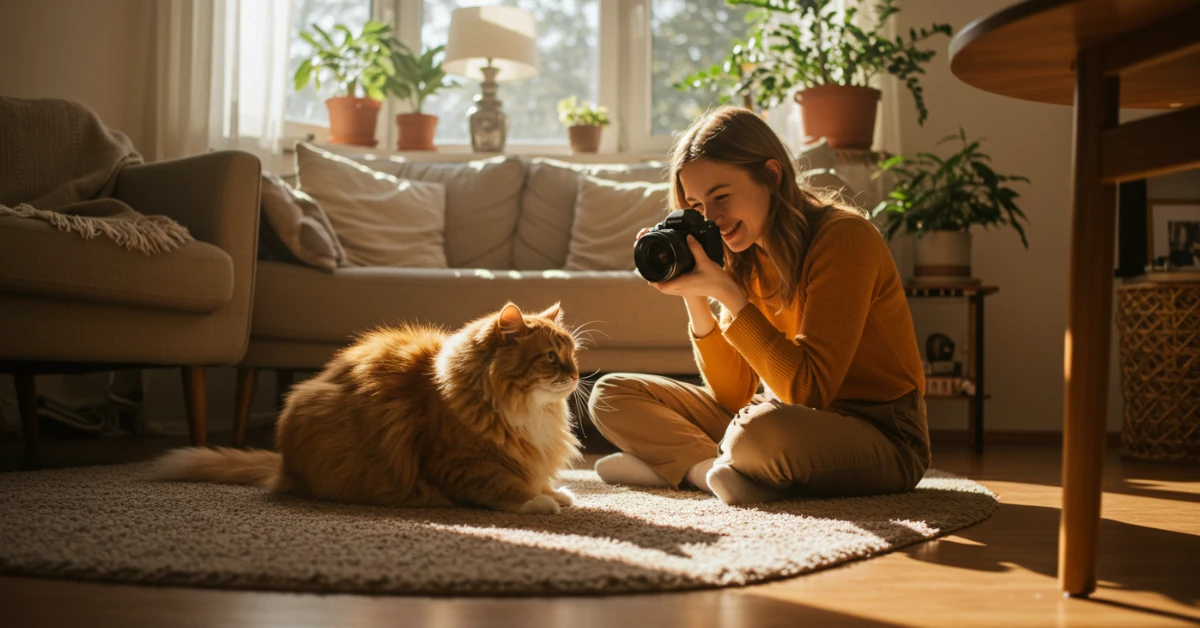 mulher fotografando gato laranja gordo enorme