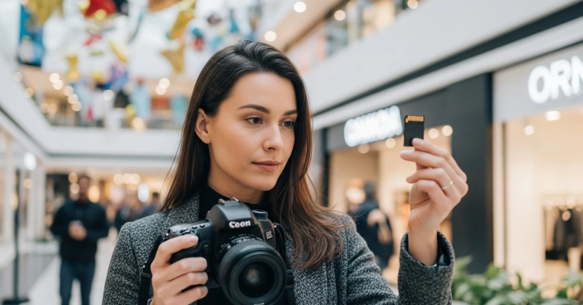 mulher olhando para cartão de memória no shopping