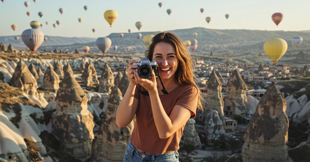 turista fotografando a capadócia com balões ao fundo