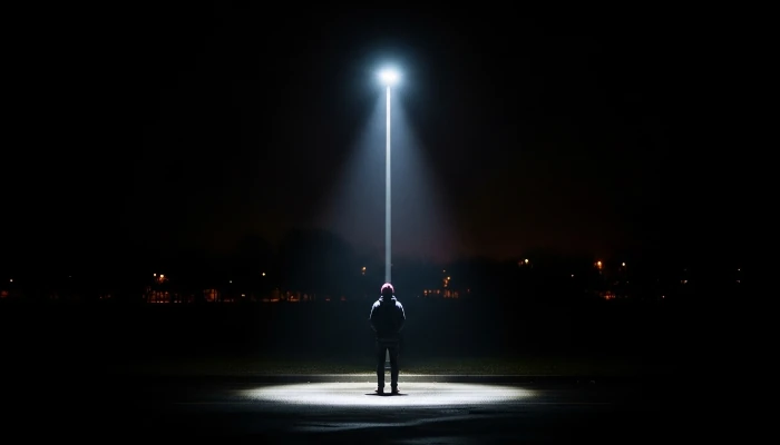 Figura solitária sob uma forte luz de poste à noite
